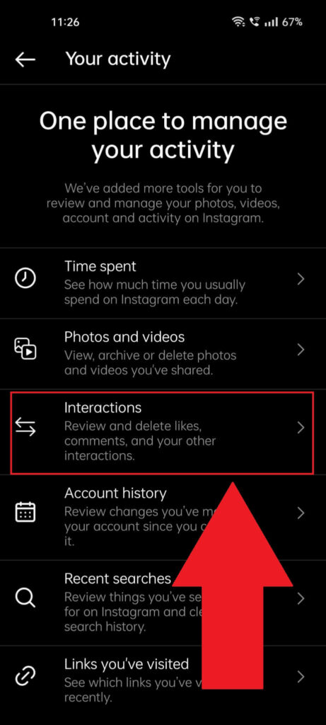 Instagram "Your activity" page showing the "Interactions" option highlighted in red