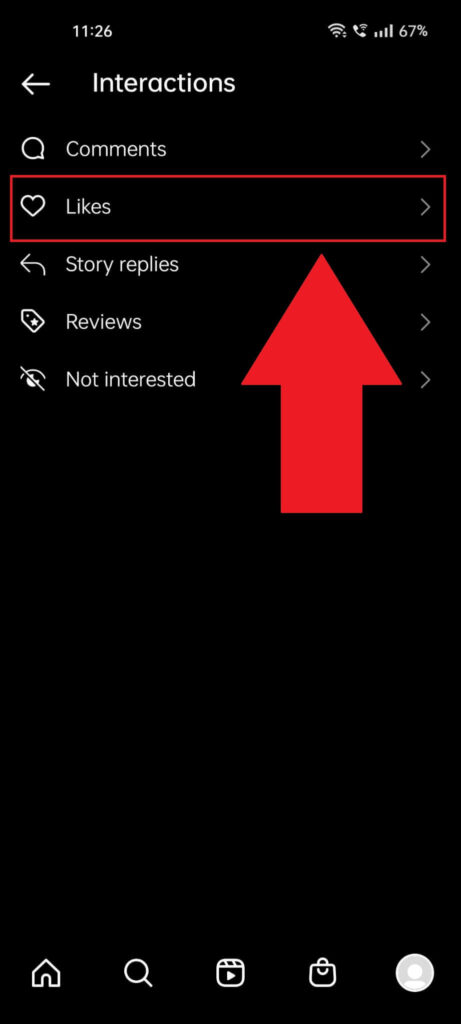 Instagram "Interactions" page showing the "Likes" option highlighted in red