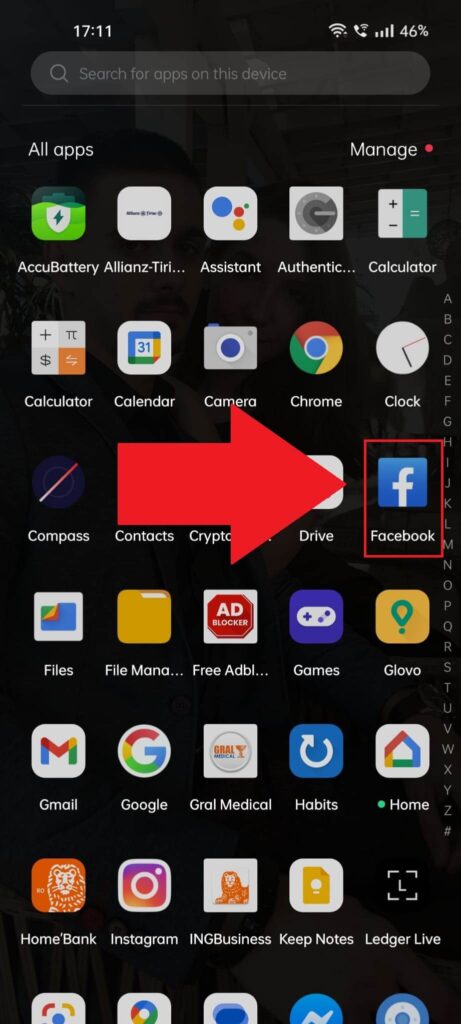 Android app list showing the Facebook app highlighted in red