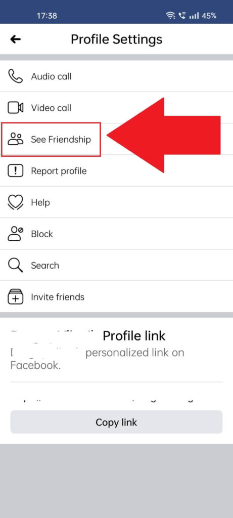 Facebook "Profile Settings" page where the "See Friendship" option is highlighted in red