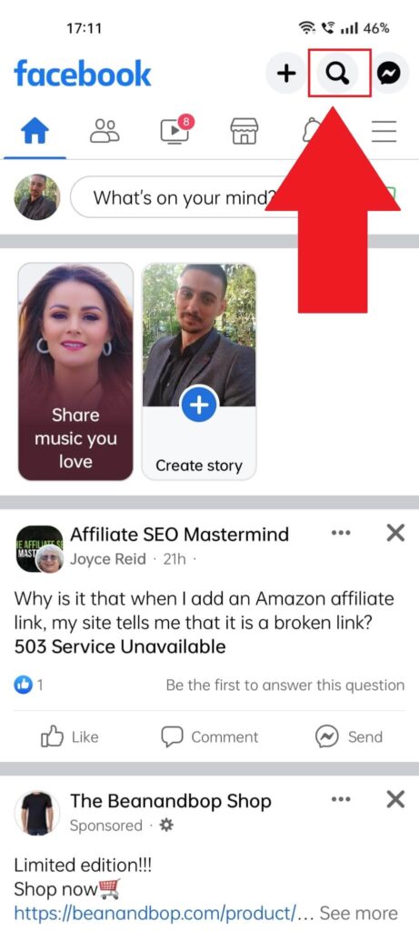 Facebook feed where the search icon is highlighted in the top-right corner