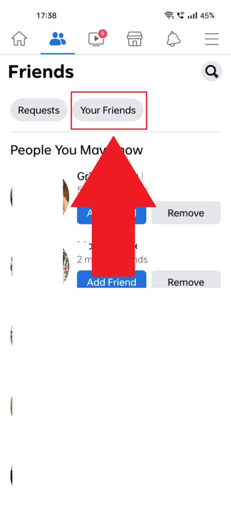 Facebook "Friends" page where the "Your Friends" option is highlighted in red