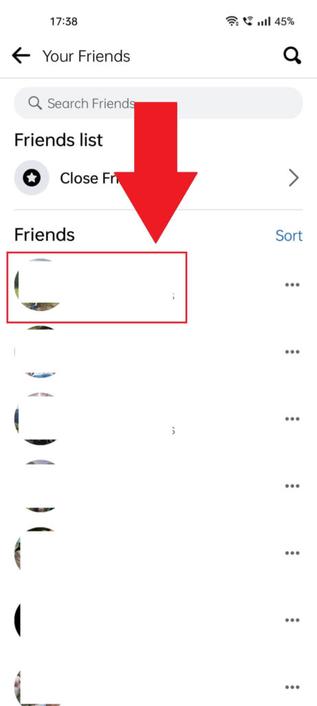 Facebook "Your Friends" page where one of your friends is highlighted in red
