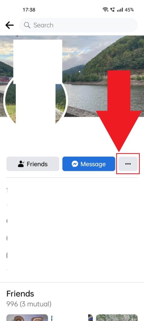Facebook friend's profile showing the three-dot icon highlighted in red