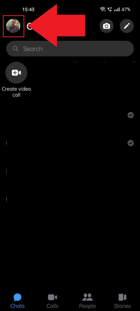 Messenger "Chats" page showing your profile picture highlighted in the top-left corner 