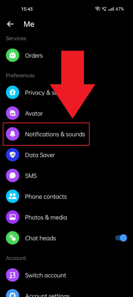 Messenger profile settings showing the "Notification & sounds" option highlighted in red