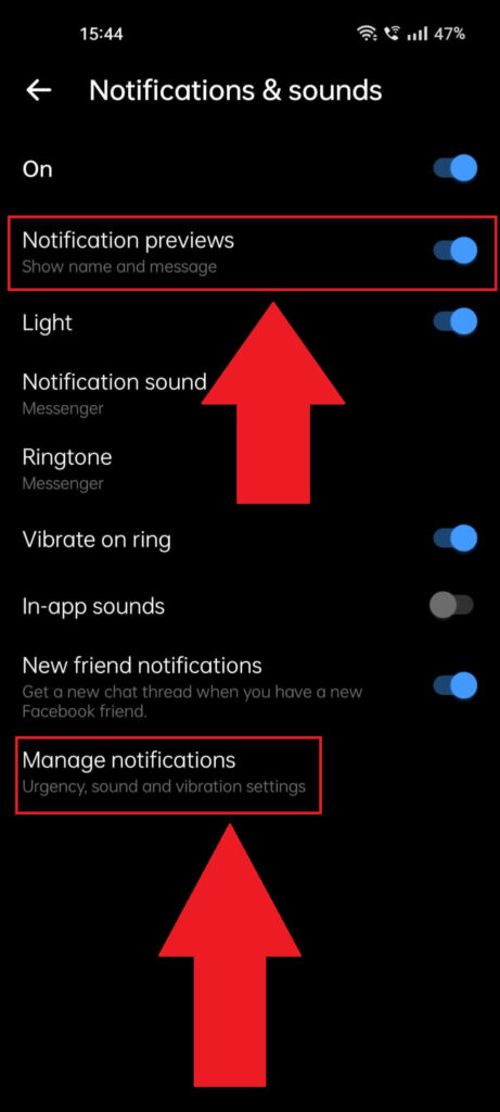 Messenger "Notificaiton & sounds" page where the "Notification previews" and "Manage notifications" options are highlighted