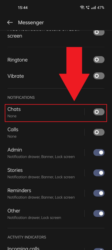 Messenger notification settings where the "Chats" option is highlighted in red