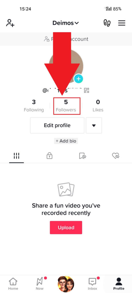 TikTok profile page showing the "Followers" header highlighted in red