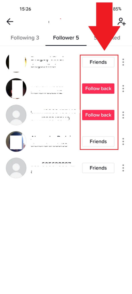 TikTok "Follower" page showing your friends' statuses highlighted in red