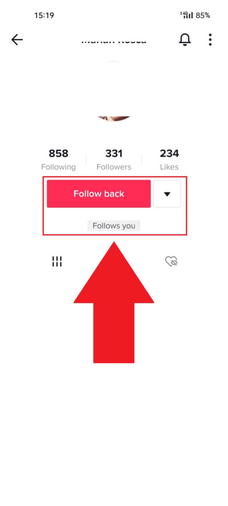 TikTok friend's profile page showing the "Follow back" button highlighted in red