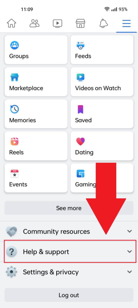 Facebook menu options showing the "Help & Support" option highlighted in red