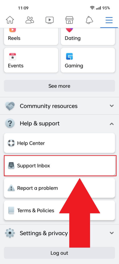 Facebook menu showing the "Support Inbox"