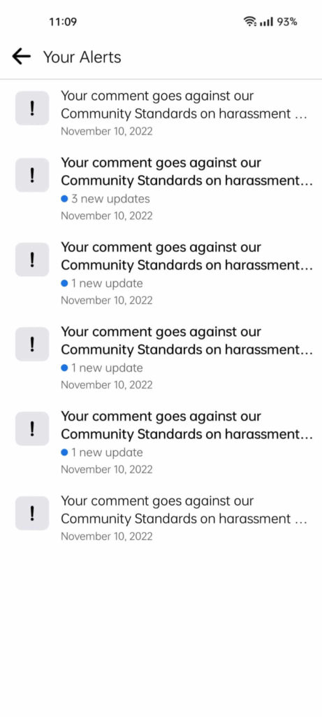 Facebook "Your Alerts" page showing a list of all alerts related to reports or Facebook decisions