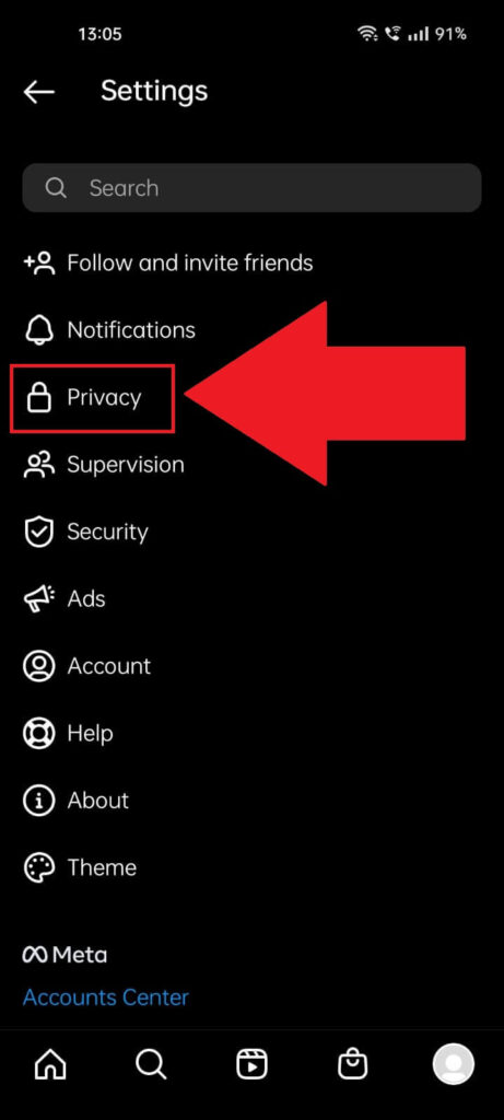 Instagram settings page showing the "Privacy" option highlighted in red