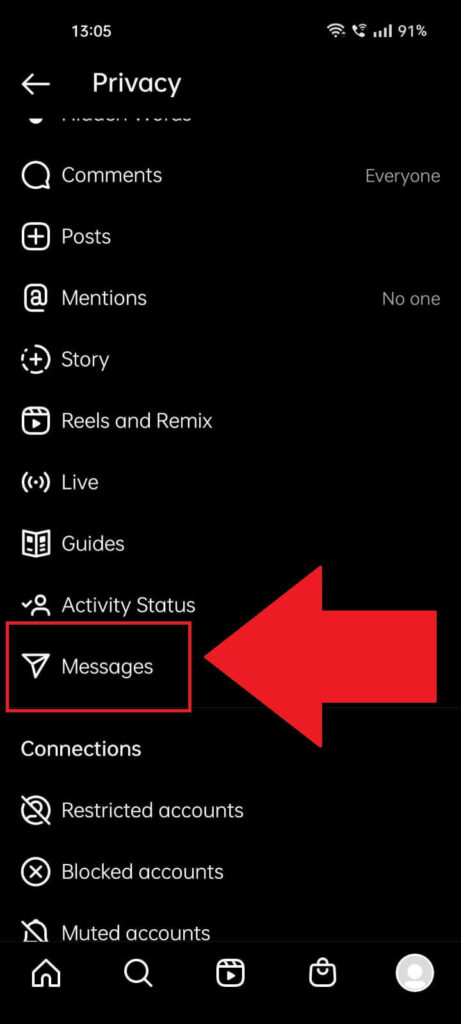 Instagram Privacy page where the "Messages" option is highlighted in red