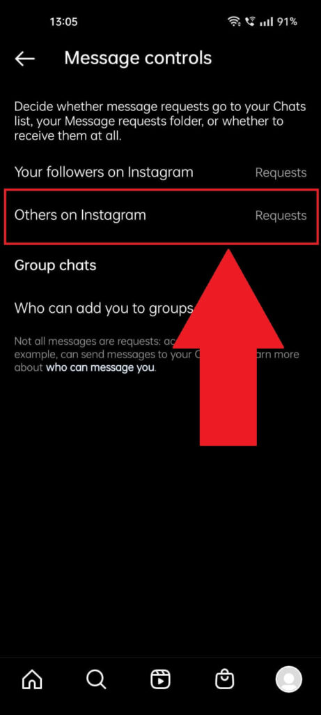 Instagram "Message controls" page where the "Others on Instagram" option is highlighted in red