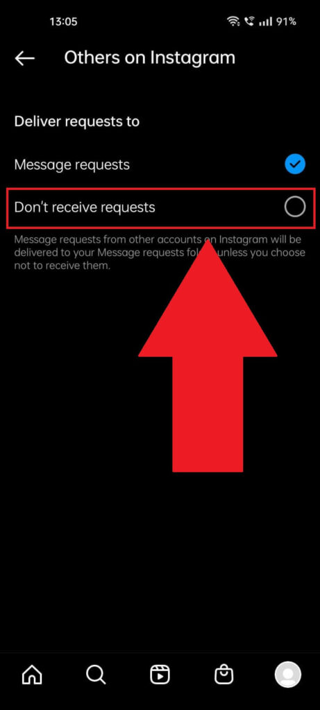 Instagram "Others on Instagram" page where the "Don't receive requests" option is highlighted in red