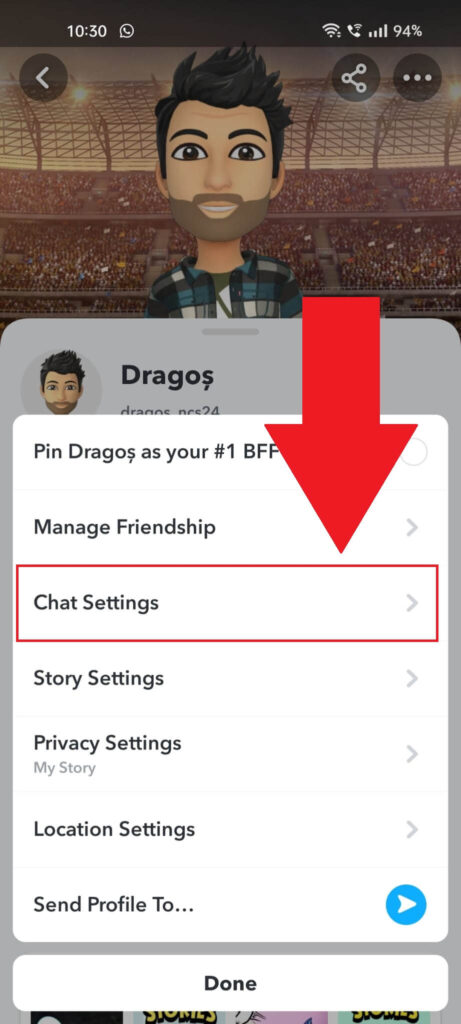 Snapchat profile settings showing the "Chat settings" option highlighted