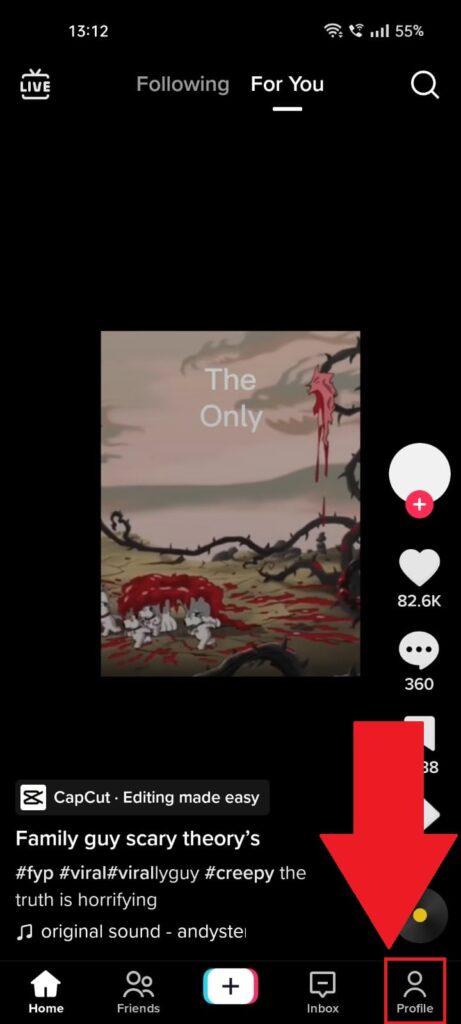 TikTok feed showing the "Profile" icon highlighted in the bottom-right corner