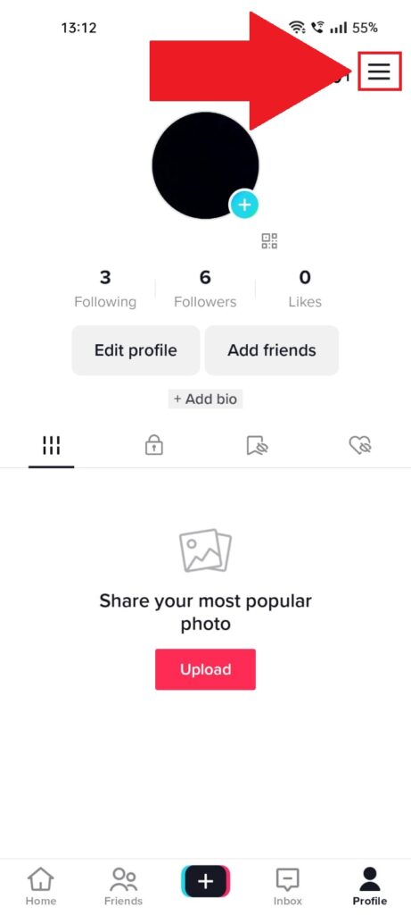 TikTok profile page showing the Hamburger icon highlighted in the top-right corner