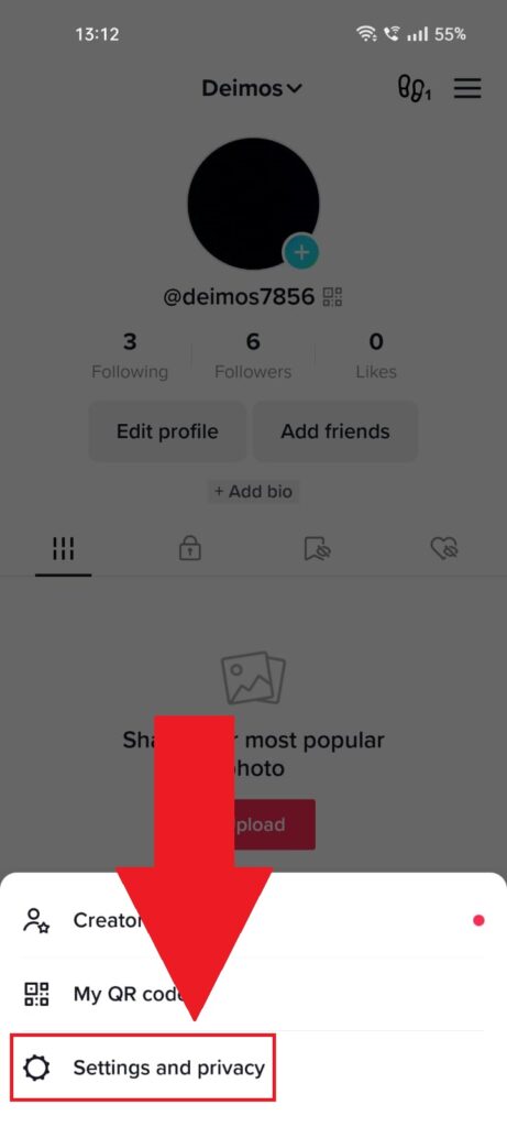 TikTok profile page showing the "Settings and privacy" option highlighted in the menu at the bottom of the page