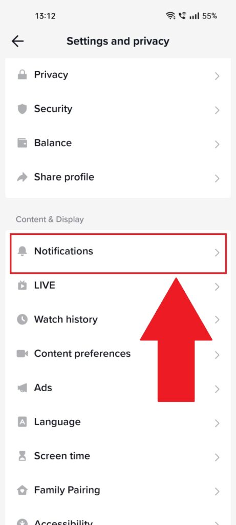 TikTok settings page where the "Notifications" option is highlighted in red