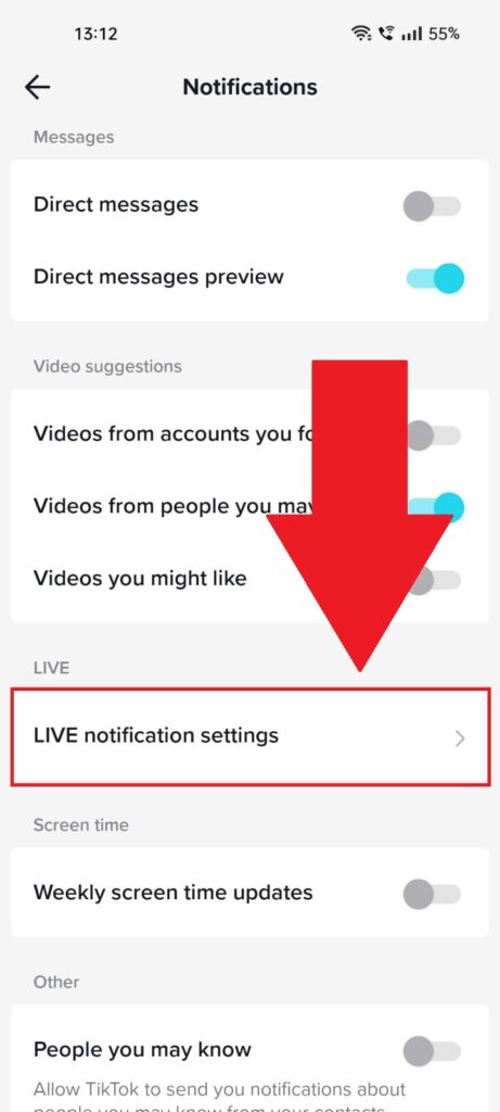 TikTok "Notification" settings where the "LIVE notification settings" are highlighted in red