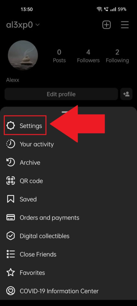 Instagram profile page showing a menu at the bottom where the "Settings" option is highlighted