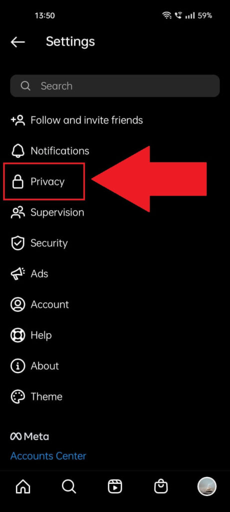 Instagram settings page showing the "Privacy" option highlighted in red