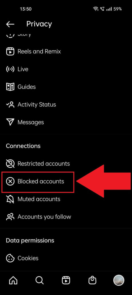 Instagram "Privacy" page where the "Blocked accounts" option is highlighted in red