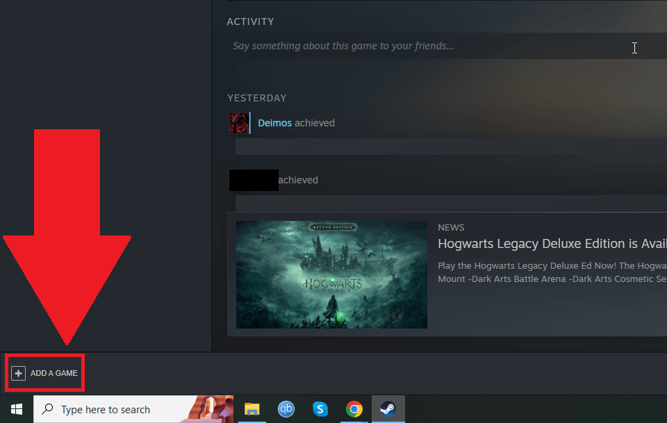 Steam app on a computer showing the "ADD A GAME" button highlighted in red