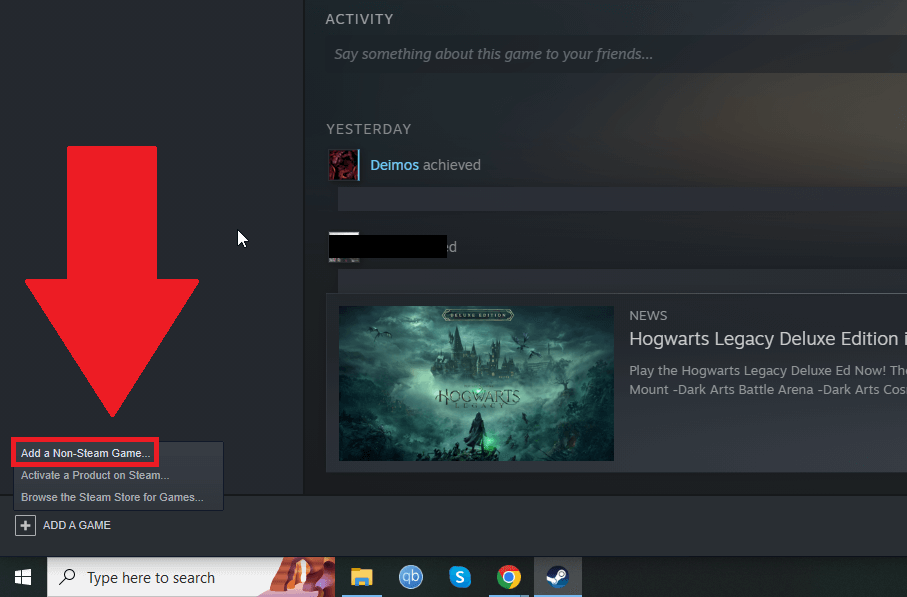 Steam on a computer showing the "Add a Non-Steam Game..." option highlighted