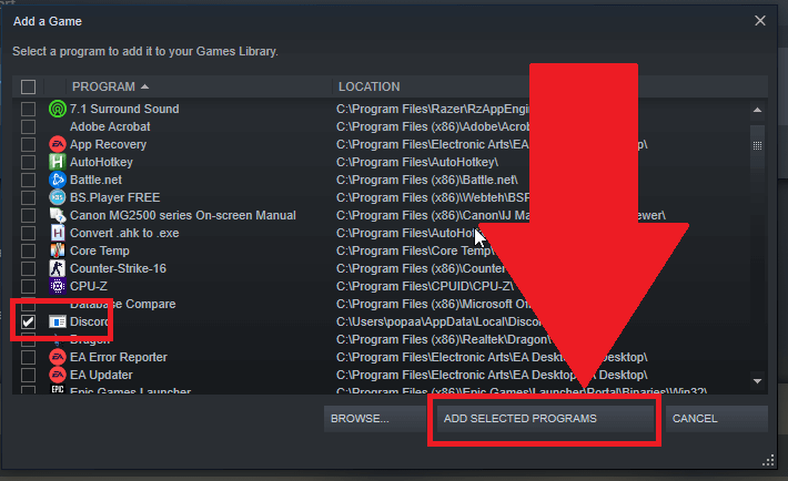 Steam app selection where Discord is highlighted, and the "ADD SELECTED PROGRAMS" button is selected
