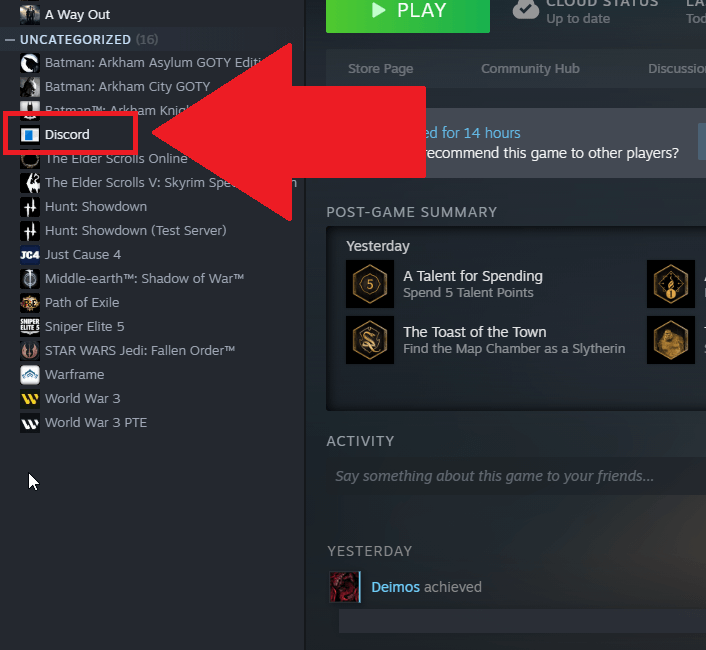 Steam app on a computer showing the Discord app as a "game" option in the game list