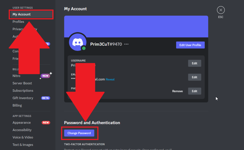 Discord settings showing the "My Account" menu and the "Change Password" option highlighted