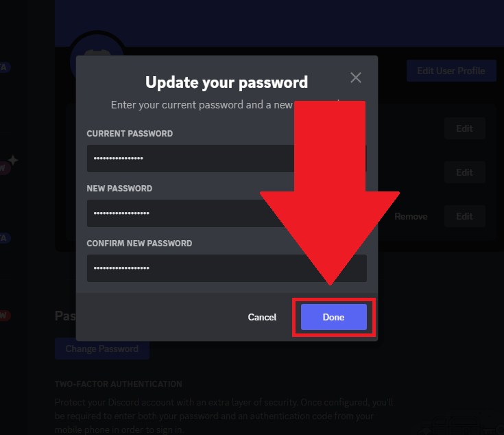 Discord "Update your password" window showing the "Done" option highlighted