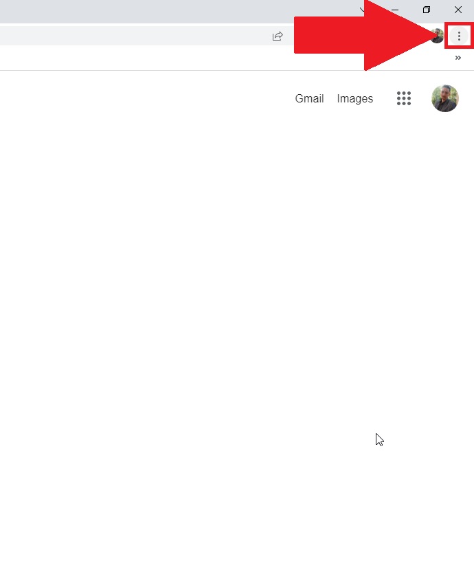 Chrome browser window showing the three-dot icon highlighted in the top-right corner