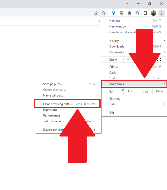 Google Chrome showing the "More tools" and "Clear browsing data..." options highlighted in red