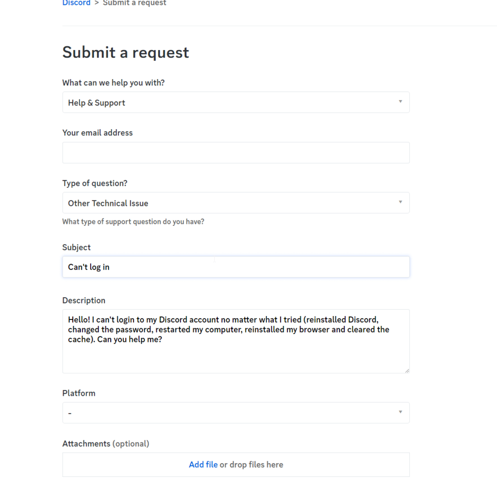 Discord request form showing what you can say about your login problem on Discord