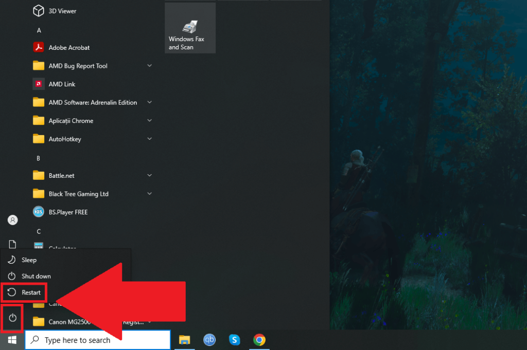 Start Menu on a desktop computer (Windows 10) showing the Power icon and the "Restart" option highlighted in red