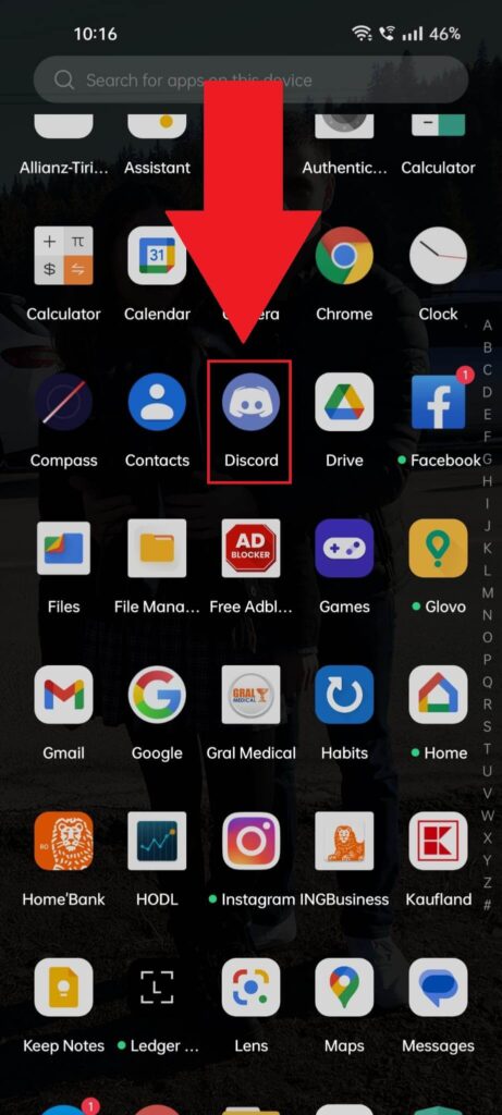 Android phone app list showing the Discord app highlighted in red