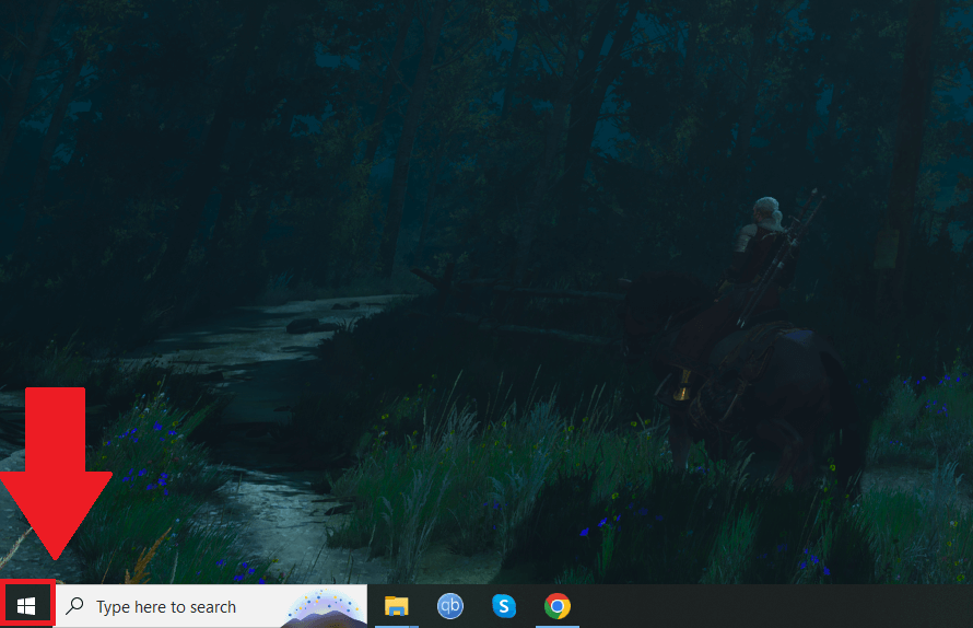 Windows 10 desktop showing the Start icon highlighted in the bottom-left corner