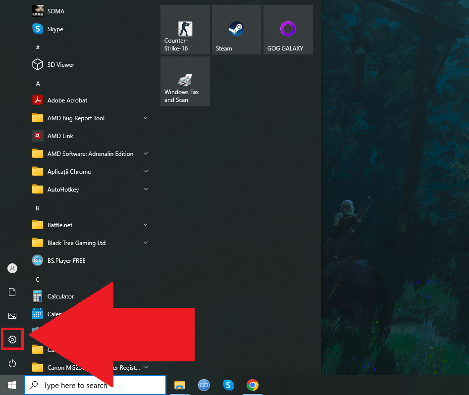 Windows 10 Start menu showing the "Settings" (gear icon) option highlighted in red