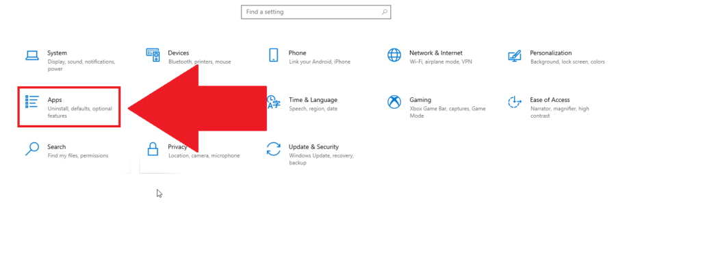 Windows 10 Settings window showing the "Apps" option highlighted in red