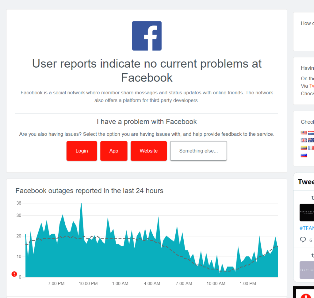 DownDetector website showing that Facebook isn't having any server malfunctions