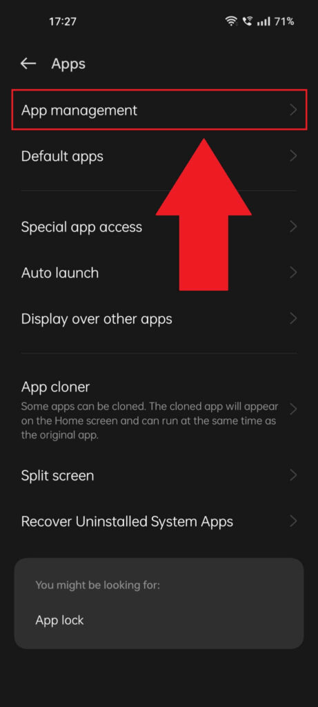 Android app settings where the "App management" option is highlighted in red