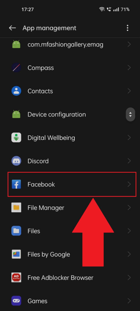 Android phone app list where the Facebook app is highlighted in red