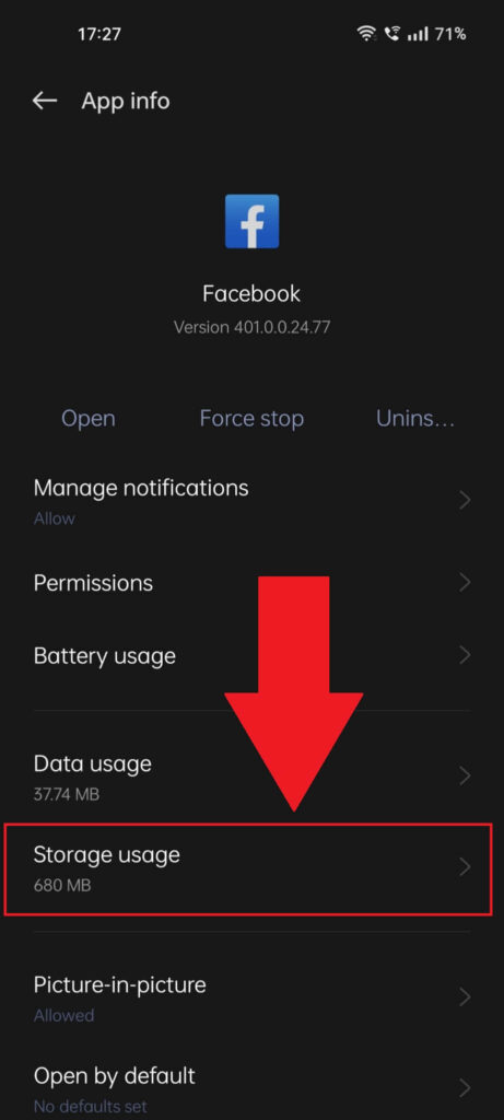 Facebook App Info showing the "Storage usage" option highlighted in red