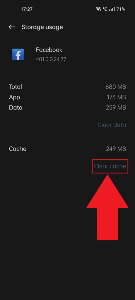 Facebook "Storage usage" page where the "Clear cache" option is highlighted